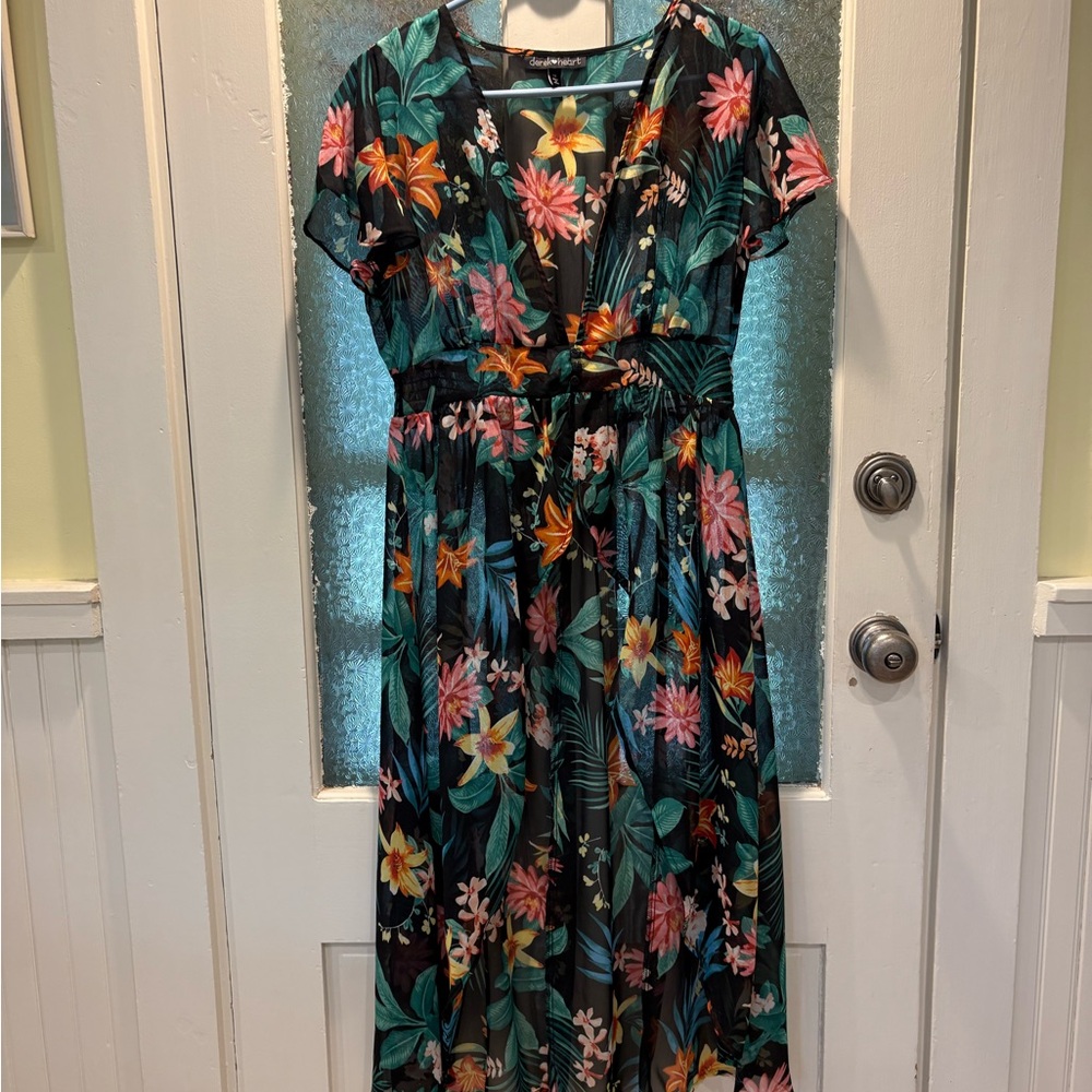 Derek Heart Vibrant Floral Asymmetrical Sheer Floral Dress